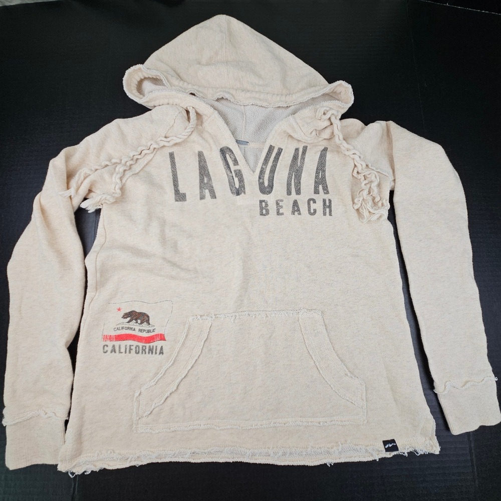 Tech Styles Laguna Beach California Hoodie Cream Boho Coastal Surf Pullover LG